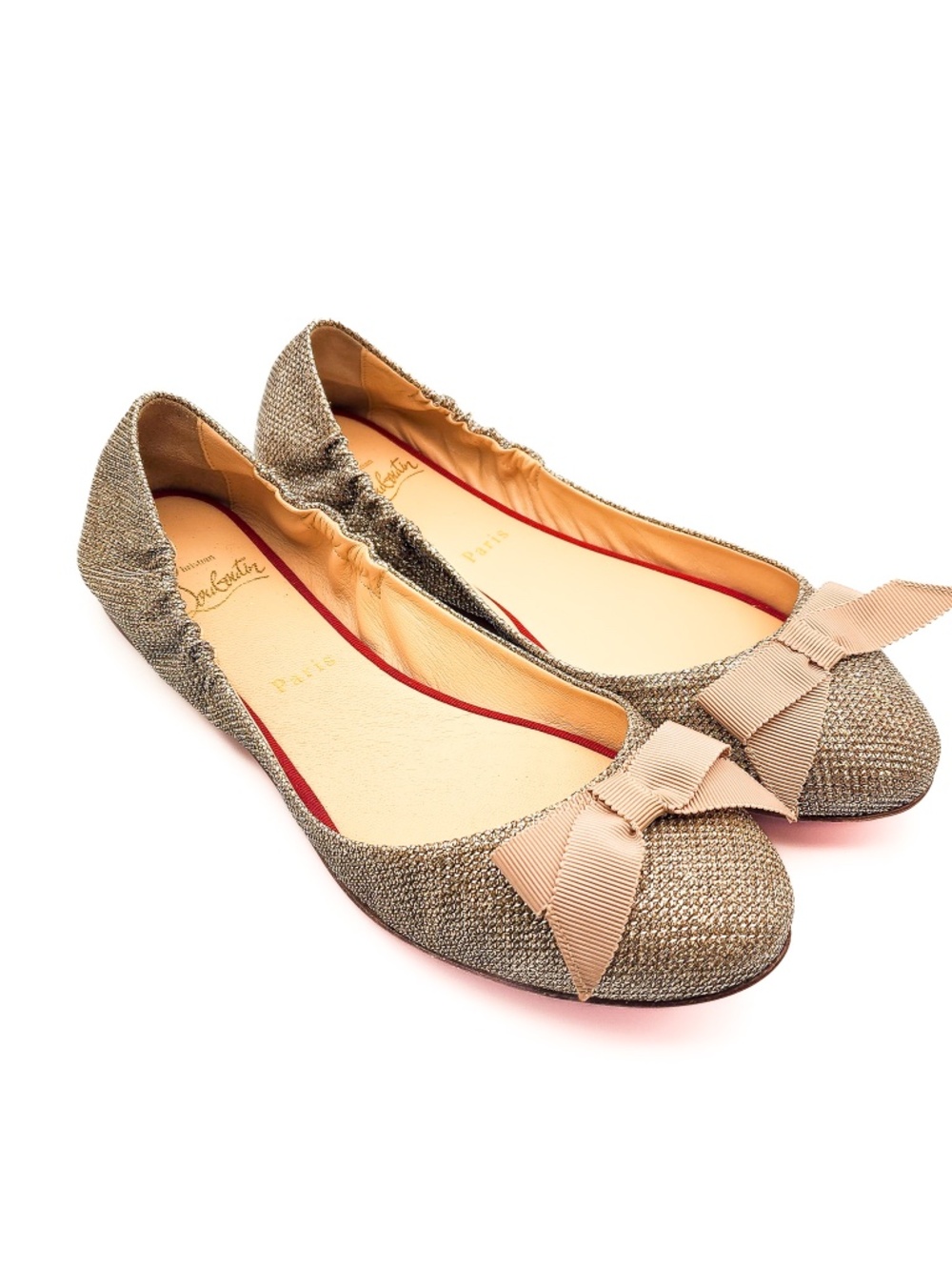 Christian Louboutin Gloriana Glittered Gold Fabric Ballet Bow Flats EU 37.5